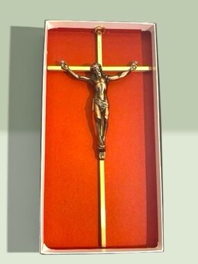 1970s Solid Bronze Cross Crucifix Wall Hanging INRI 10” New w/Box Vintage Brass